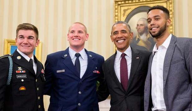 From left: Army National Guard Specialist Alek Skarlatos, Air Force Airman 1st Class Spencer Stone, President Obama and Anthony Sadler