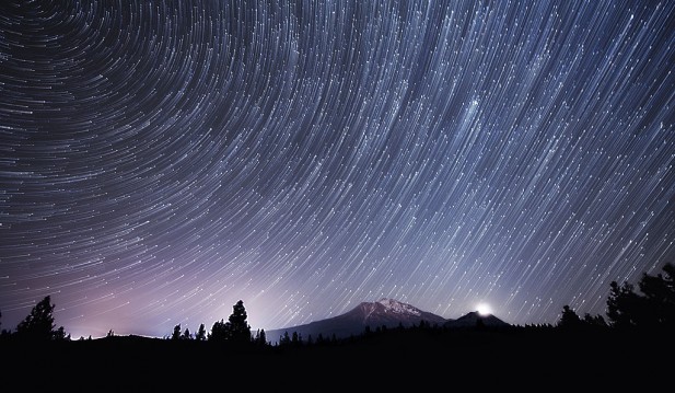 Star trails with the rising Moon and Mount Shasta
