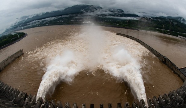 The Three Gorges Dam on the Yangtze River discharges water to lower the water level in the reservoir, in Yichang
