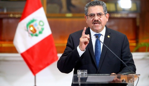 Peru's interim President Manuel Merino announces his resignation in a televised address, in Lima