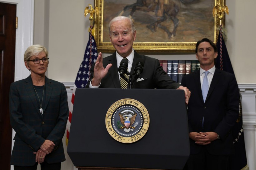  U.S. President Joe Biden delivers remarks on energy as (L-R) Secretary of Energy Jennifer Granholm and Special Presidential Coordinator Amos Hochstein 