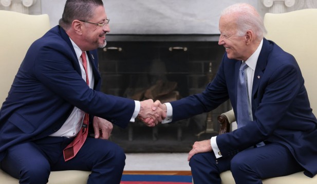 U.S. President Joe Biden meets with President Rodrigo Chaves Robles of Costa Rica in the Oval Office of the White House on August 29, 2023
