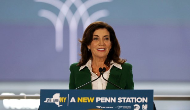 New York Governor Kathy Hochul And New Jersey Governor Phil Murphy Make Announcement At Moynihan Train Station