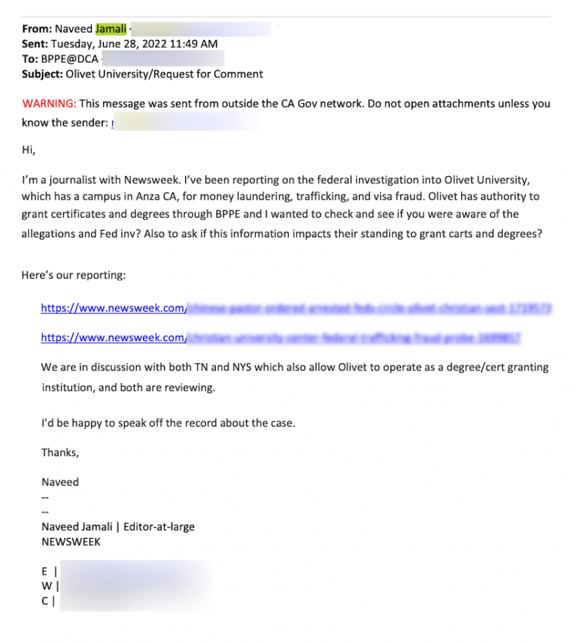 Email from Naveed Jamali reaching out to BPPE