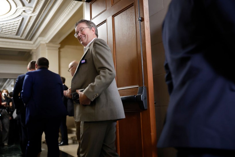 U.S. Rep. Thomas Massie (R-KY) leaves a House Republican conference meeting in the Longworth House Office Building on Capitol Hill on October 24, 2023 in Washington, DC.
