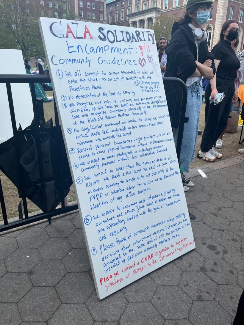 Community guidelines for the Gaza Solidarity Encampment were posted outside the entryway to the occupied lawn.