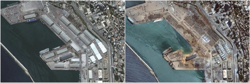 A satellite image shows the port of Beirut before and after an explosion