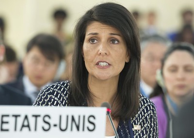 Nikki Haley, Permanent Representative of the United Sates of America to the United Nations in New York at a 35th Session of the Human Rights Council. 6 June 2017.