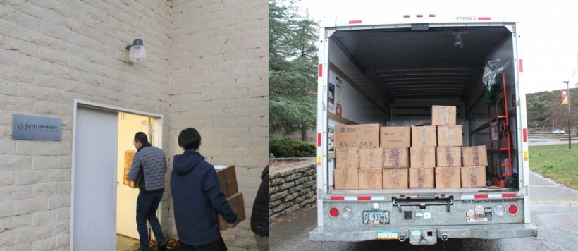 Volunteers retrieving Olivet University's belongings returned by the Department of Homeland Security